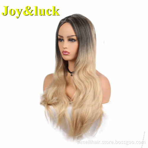 Wholesale Wigs For High Quality Women Middle Part Long Straight Black Ombre Brown Natural Water Wavers Synthetic Hair Wigs